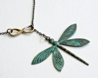 Large Dragonfly Lariat Necklace - Infinity Necklace, Verdigris Jewelry, Patina Necklace, Garden Jewelry, Nature Jewelry