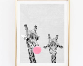 Giraffes print, nursery wall art, giraffe bubble gum poster, bubble gum wall decor, funny wall art, safari animals, girl's room digital art