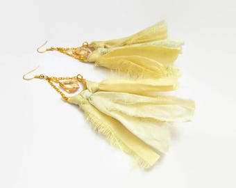 Sari Silk Earrings, Fabric Earrings, Recycled Sari Silk Earrings, Swarovski Earrings, Rustic Earrings, Boho Earrings, Shoulder Duster