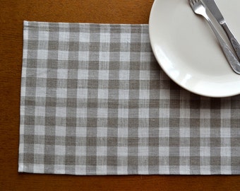 Linen Placemat Set of 4, 6, 8-, Checkered linen placemats - 12 x 18 inch size, Natural linen placemat
