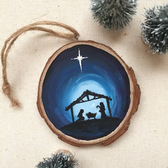Hand Painted Jesus Ornament Nativity Silhouette Wood Slice