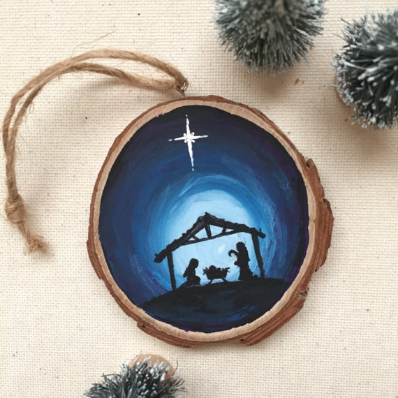 hand-painted-jesus-ornament-nativity-silhouette-wood-slice
