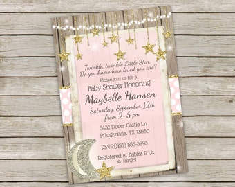 Twinkle, Twinkle Twinkle Little Star, Baby Shower Invitation ,gold glitter invitation, Star Girl invitation, Pink