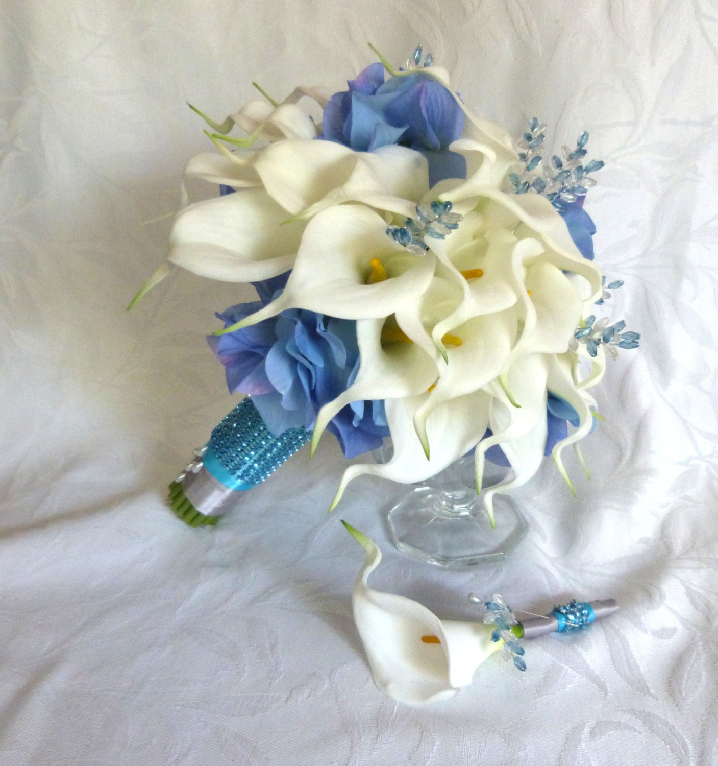 White Calla lily with blue hydrangea wedding bouquet Real