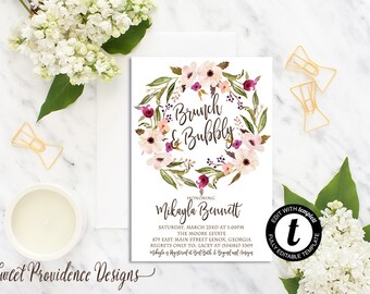Bridal Brunch Shower Invitation, Printable Bridal Shower Invite, Boho Floral Brunch and Bubbly, Wedding Shower, EDITABLE Instant Download