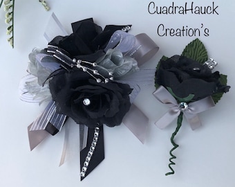 Wrist Corsage/ prom corsage/ Black and gray Wrist corsage
