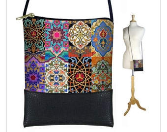 Boho Chic Sling bag in Persian Patchwork, colorful jewel tone mini crossbody bag fits iPhone 6 Plus, small shoulder bag purse RTS