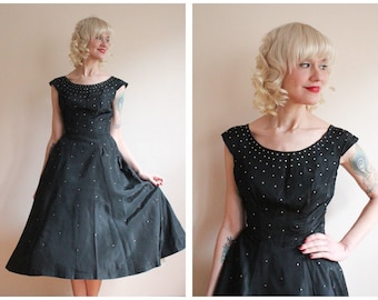 1950s Dress // Rhinestone Starlight Dance Taffeta Dress // vintage 50s dress