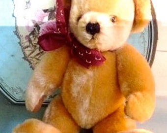 Gold teddy bear, Merrythought bear, childsafe bear, 1980s teddy bear, English teddy bear, Mohair teddy bear, Gift for girl, Gift for boy