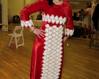 Vintage 1960's Red VELVET. Empire Waist Dress, with White LACE Trim, size 7/8