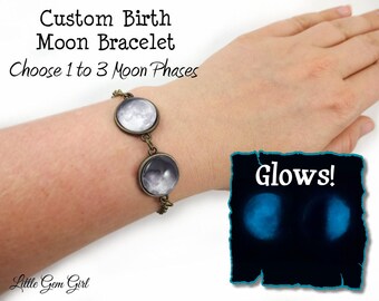 Glowing Custom Moon Date Bracelet - 1 to 3 Moons - Glow in the Dark Personalized Birth Moon Bracelet - Birthday Moon Lunar Phase Jewelry