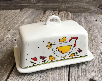 Butter Dish Porcelain Chicken hand painted by artist Isabelle Malo