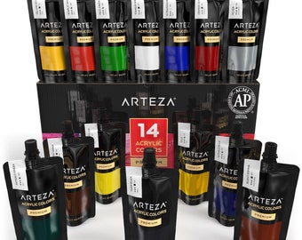 Arteza Acrylic Paint Set, 14 Colors / Tubes (4.06 oz.) with Storage Box, Rich, Pigments, Non Fading, Non Toxic for the Professional Artist