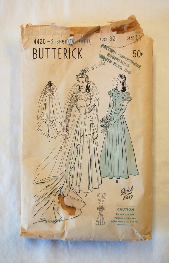 Clearance Rare Vintage 1940s Butterick 4420 Wedding Dress