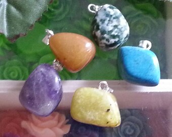 5 pendants in mixed gemstones, 12 ~ 2 x 10 ~ 17mm, hole: 3mm