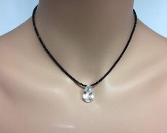 Black Spinel Necklace with Rock Crystal Quartz Briolette in Sterling Silver