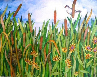 Cattails and Marsh Wren an original watercolor