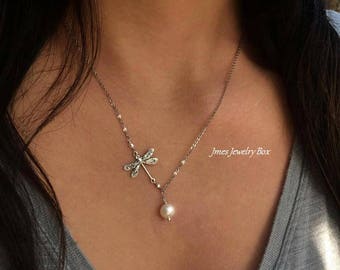 Silver dragonfly necklace with cream freshwater pearls, Lariat style necklace, Silver dragonfly necklace, Silver dragonfly jewelry