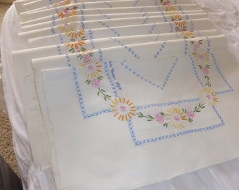 Vtg 12 Piece Set Embroidered Cotton Quilt Blocks Flowers & Cross Stitch 17" Sq Signed Dated 1959