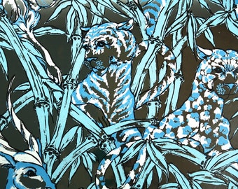 Retro Wallpaper by the Yard 70s Vintage Mylar Wallpaper - 1970s Aqua Blue and Metallic Silver Jungle Animals