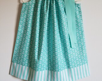 Pillowcase Dress with Anchors Nautical Dress Summer Dresses Anchors Dress Aqua and White Beach Party Outfit Baby Dresses Toddler Dresses
