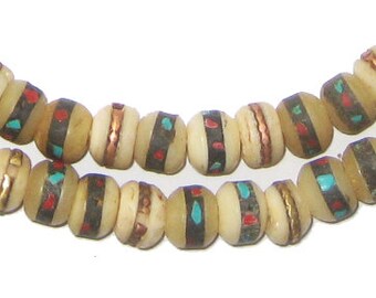 108 Mala Prayer Beads - Inlaid with Turquoise & Coral - Tibetan Beads - Buddha Beads - Yak Nepal Beads for Meditation (BON-RND-WHT-259)