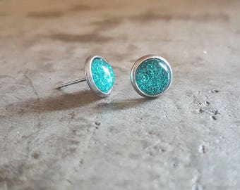 Small teall glitter studs 8mm on stainless surgical steel