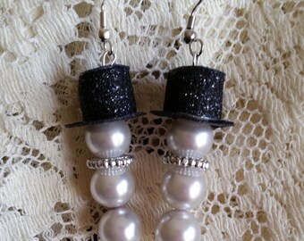 Snowman Earrings with Black Glitter TopHat Handmade