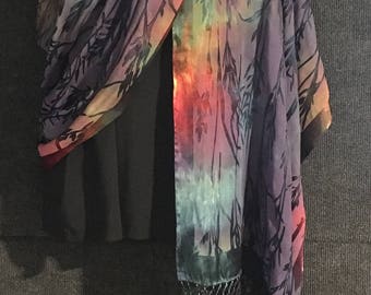 Hand Dyed Silk and Rayon Shawl or Long Scarf in Bamboo Burn Out in Blue Color Mix