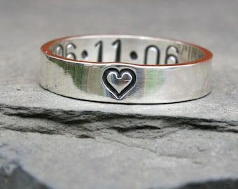 Personalized Jewelry - Personalized Sterling Silver Anniversary Ring - Heart with Custom Date