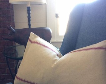 Lumbar Pillow|Farmhouse Lumbar Pillow|Grain Sack Pillow - Burgundy 3 Stripe|Zipper Closure