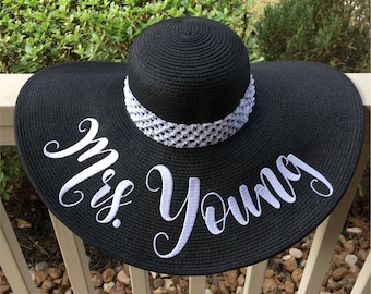 Black and White Floppy Hat - "custom embroidered" - Beach Hat - Sun Hat - LARGE Floppy Hat - Wedding Gift