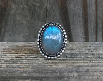 Labradorite Ring - Oval Labradorite Ring - Blue Ring - Sterling Silver - Bezel Set - Gemstone Ring - Artisan - Bohemian Ring - Boho - Green