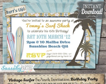 Vintage Surf Birthday Party Invitation - INSTANT DOWNLOAD - partially Editable & Printable Beach, Pool, Summer Party Invite