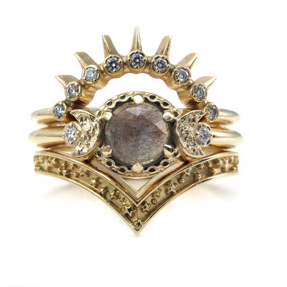 Sunray Moon and Star Engagement Ring Set - Rose Cut Labradorite 14k Gold with Diamonds - Celestial Stacking Wedding Set