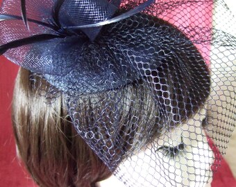 Navy Blue teardrop cap with Navy Blue veil, coiled flowers & feathers. Wedding Hat, Navy Blue Fascinator, Church Hat, Navy Blue Hatinator