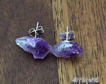 Raw Amethyst Earrings Rough Chunk Studs Druzy Natural Gemstone Jewelry Geode Crystal Boho Bride Bridesmaid Gift for Her Mother's Day Mom