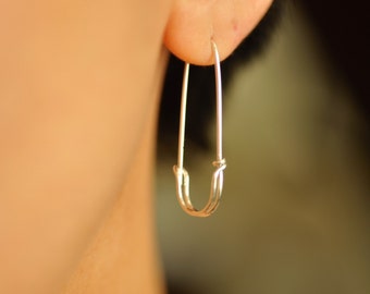 Medium SAFETY PIN earrings -  solid 14k or 18k, white gold, rose gold, yellow gold, hoop earrings - unisex