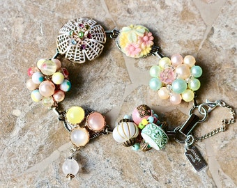 Bridesmaid Gift, Vintage Earring Bracelet, Multicolor, Pink, Aqua, Yellow, Green, Pastel, Upcycled, Under 40, Cluster, Jennifer Jones, OOAK