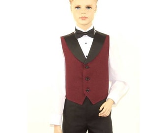 Kids Burgundy Full Back Tuxedo Vest with Black Lapel