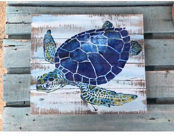 Sea Turtle Pallet Wood Art, Reclaimed wood art, Ocean art, Marine art, Green turtle wall art, Coastal Decor