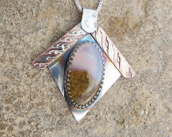S-130 Plume Agate Sterling Silver Copper Pendant Necklace, Agate Jewelry, Silversmith Jewelry, Coppersmith, Mixed Metal Necklace