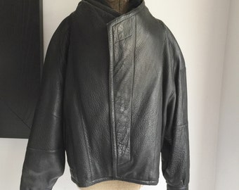 Men's Leather Jacket, Black Leather Jacket, Leather Bomber Coat, Marc Buchanan Pelle Pelle, 1980s Leather Jacket, Retro Men's Jacket, Large