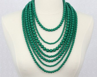 Green Seven Strand Beads Necklace Multi Strand Beaded Necklace Statement Necklace Multi Layered Beads Necklace