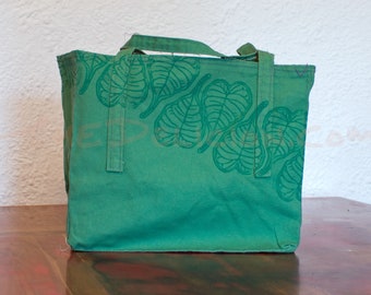 Green Reusable Fabric Market Bag with Bodhi Leaves Block Print 100% Cotton Canvas Duck Handmade Grocery Shopping Tote