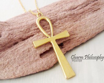 Huge Gold Ankh Necklace - Egyptian Ankh Charm - Antique Gold Toned Jewelry