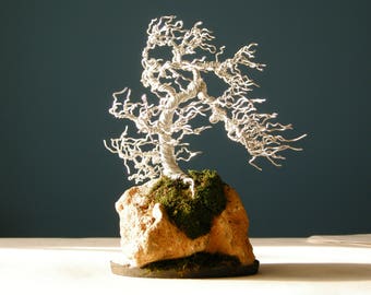 Silver root-over-rock wire bonsai tree, Wire Tree Sculpture, Wire Bonsai,
