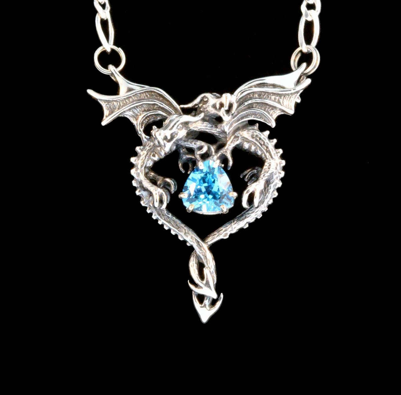 Dragon Necklace Dragon Heart Pendant with Blue Topaz Double