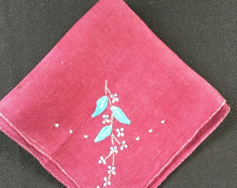 Vintage Maroon Ladies' Hankie/Handkerchief with Blue Embroidery Flowers