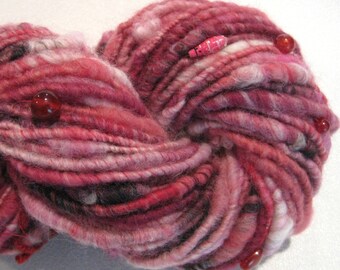 Bulky Handspun yarn Lovelorn 104 yards pink red white black beaded yarn corespun yarn knitting supplies crochet supplies Waldorf doll hair